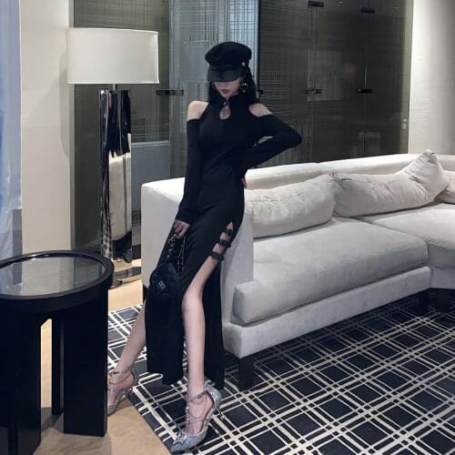 Sexy Party Dress Women Black Hollow Out Fashion New Off Shoulder Long Dresses Cheongsam Club Autumn Style Stand Female Clothes