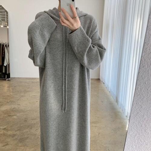 Grey Cotton Loose Woman Warm Solid Knitted Casual Autumn Thick Winter Korean 2021 Hooded Sweater Dress Women Dresses Knitwear