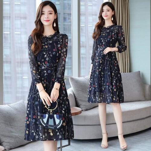 Chiffon dress female spring and autumn mid-length new style Korean style long-sleeved popular waist thin floral long skirt