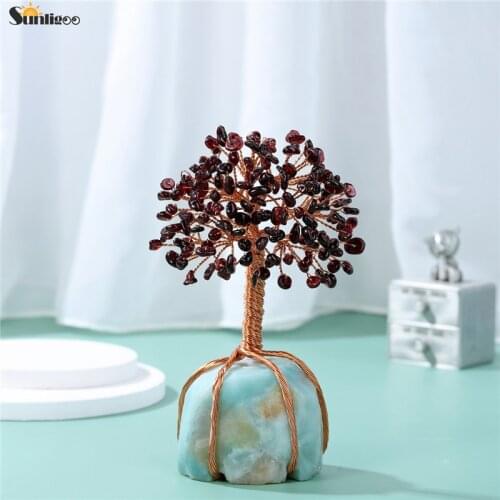 Sunligoo Healing Garnet Crystals Money Tree Copper Wire Tree of Life Wrapped W/ Amazonite Base Feng Shui Lucky Trees Home Decor