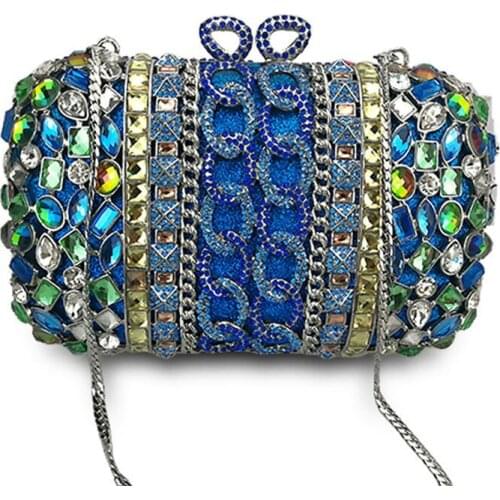 Vintage Women Blue Beaded Evening Bag Sequined Diamond Handbag Bridal Wedding Metal Clutches Purse Minaudiere
