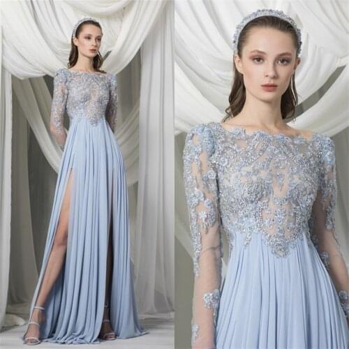 New Evening Dresses Long Sleeves Lace Applique Beads Prom Gowns Custom Made Sweep Train Plus Size A Line Special Occasion Dress