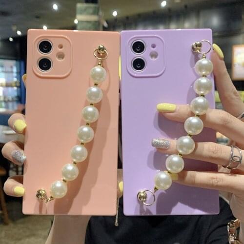 Pearl Wrist Strap Chain Phone Case For iPhone 12 11 Pro Max 12Mini X XR XS 7 8 Plus SE2020 Square Shockproof Bumper Back Cover