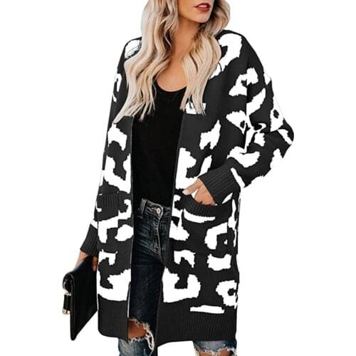 CS074 Fashion Leopard Print Cardigan Women Long Knitting Sweater Coats Plus Size Winter Thick Outerwear Jersey Mujer