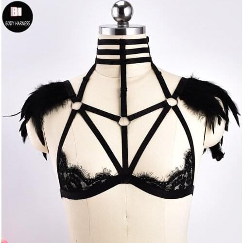 Women Sexy Feather Epaulettes Lace Sheer Caged Bra Bralette Body Harness Lingerie Gothic Festival Rave Crop Tops Bondage Harness