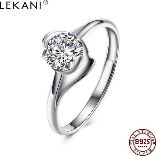 LEKANI Womens Ring 925 Sterling Silver Simple Geometry Round Cubic Zirconia Adjustable Rings Female Trendy Party Jewelry