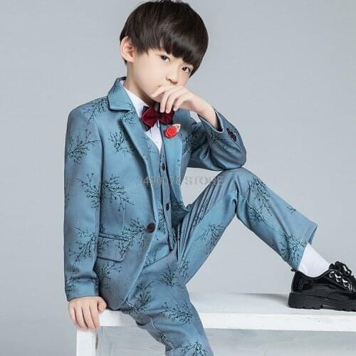 Kids Jacket Vest Pants 3Pcs Formal Tuxedo Dress Children Piano Show Performance Party Costume Flower Boys Luxurious Wedding Suit