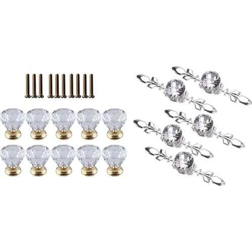5Pcs Crystal Drawer Knobs With Silver Plate Diamond Shape & 10Pcs Crystal Glass Door Handle Dressing Table Knob