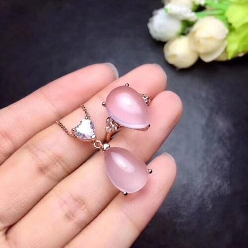 Free Shipping Natural Rose Quartz jewelry set Natural Real Rose Quartz 925 sterling silver 1pc pendant,1pc ring