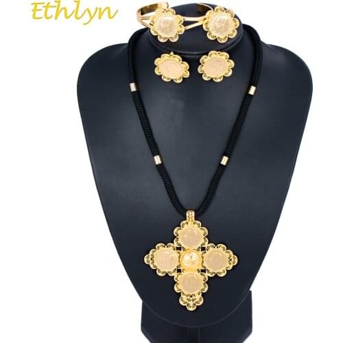 Ethlyn Jewelry DIY Flexible Circles Black Rope Matching Big Cross Coins Ethiopian Women Wedding Jewelry Sets Accessories S063