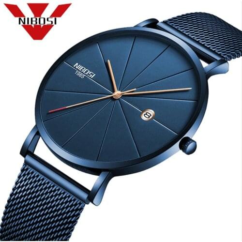 NIBOSI Men Blue Stainless Steel Ultra Thin Watches Men Classic Quartz Watches Luxury Date Mens Wrist Watch Relogio Masculino