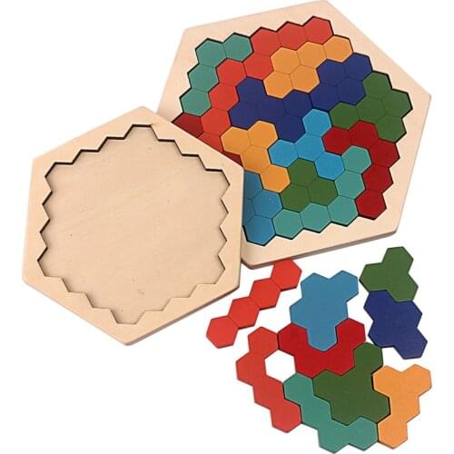 Wood Puzzles IQ Hexagon Puzzle Honeycomb Shape Tangram Board Toy Interesting Changeful Puzzle Toys for Children Adults Education