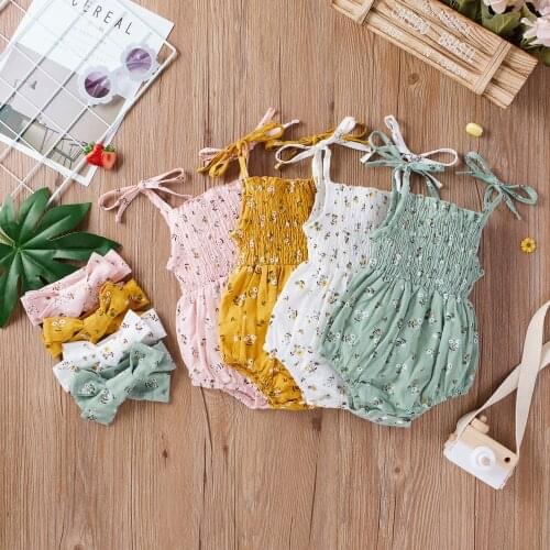 0-18M Infant Baby Girls Summer Clothes Floral Printed Sleeveless Romper Bodysuit Bowknot Headband Outfit Set детская одежда W
