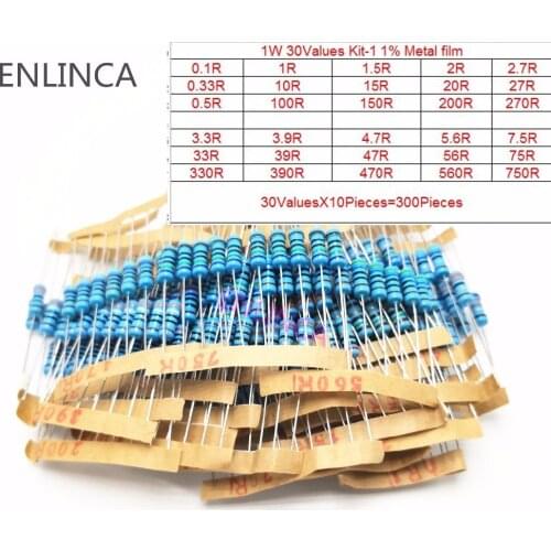 30Values 300Piece 1W Metal Film Resistor Kit 1% 1W Resistor Assorted diy Kit Set 0.1 ohm-820K ohm Resistance Pack