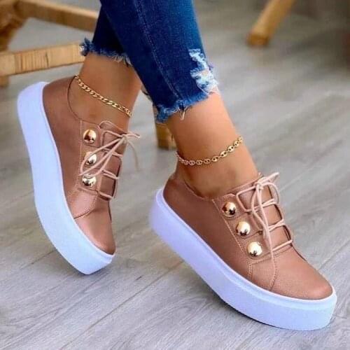 Lace-up Women Sneakers Shoes Metal Button Sneaker Round Head Platform Casual Sports Student PU Leather Shine Fashion Shoes