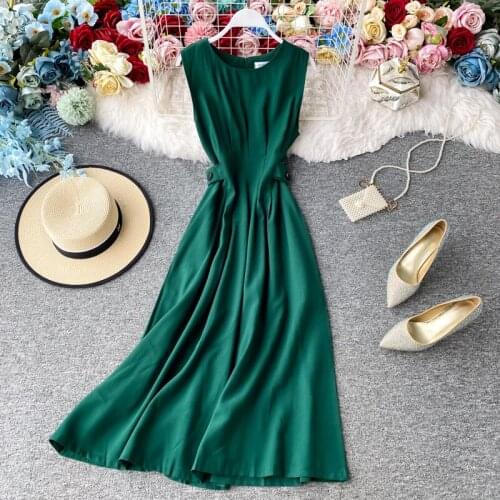 Summer Womens Dress Korean Retro Solid Color Round Neck Sleeveless Dress New Waist Female Big Swing Dresses HH294