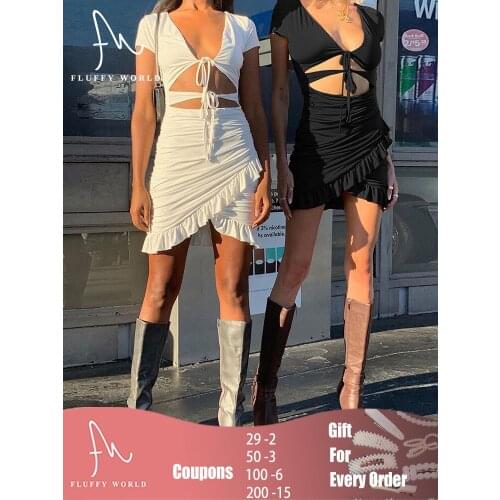 Summer Women Lace Up V Neck Ruched Bodycon Mini Dress Sexy Party Cut Out Hollow Out Ruffles Sundress Beach Dress FLUFFY WORLD