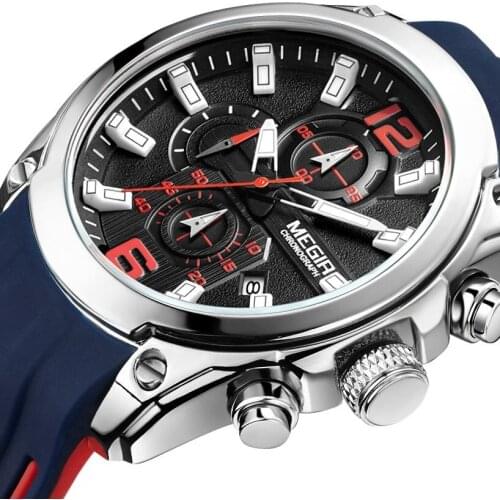 Megir Mens Chronograph Analog Quartz Watch with Date, Luminous Hands, Waterproof Silicone Rubber Strap Wristswatch for Man