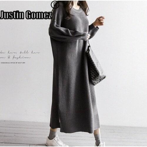 Fall and Winter Round Neck Long Sweater Side Split Bat Sleeve Loose Long Pullover Solid Knitted Outerwear Black Female Coat