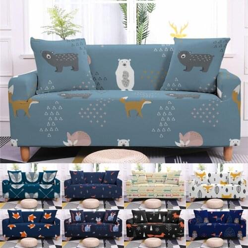 Cartoon Fox Stretch Sofa Cover Cute Animal Elastic Sofa Case Slipcovers Living Room Removable Couch Cover 1/2/3/4 Seater Blue