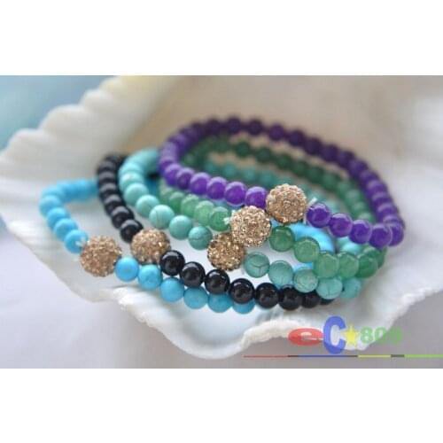 S1346 8" 6MM round Gemstone Jade Agate Turquoise bead stretch bracelet CZ
