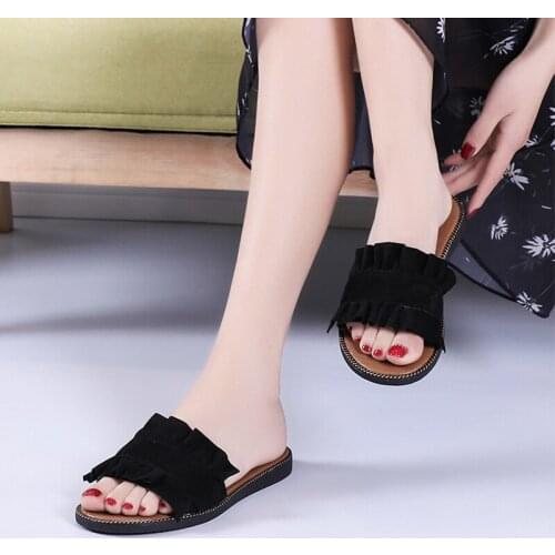 Women Fashion Suede Leather Slippers Summer Sandals Shoes Boho Beach Outdoor Foot Wear Casual Slides Shoes