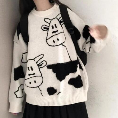 Cute Cow Print Sweater Autumn Winter Long Sleeve Knitted Pullover Women Casual Loose Lazy Clothes Korean Harajuku Streetwear