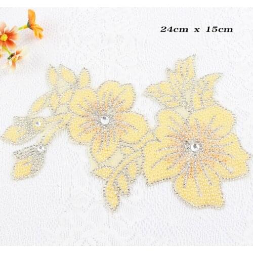 Yellow flower Rhinestones crystal Beaded iron on patches for clothing,parches termoadhesivos para ropa stickers for clothes