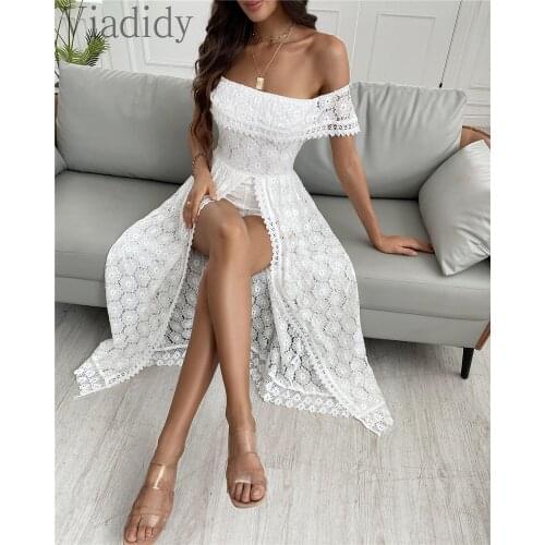 Women Elegant Solid Color Lace Hollow-out Rompers Sleeveless Backless Playsuit