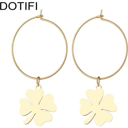 DOTIFI For Women Hot Sale Earrings Lucky Clover Stainless Steel Gold Color Round Ear Hoop Earrings Engagement Jewelry