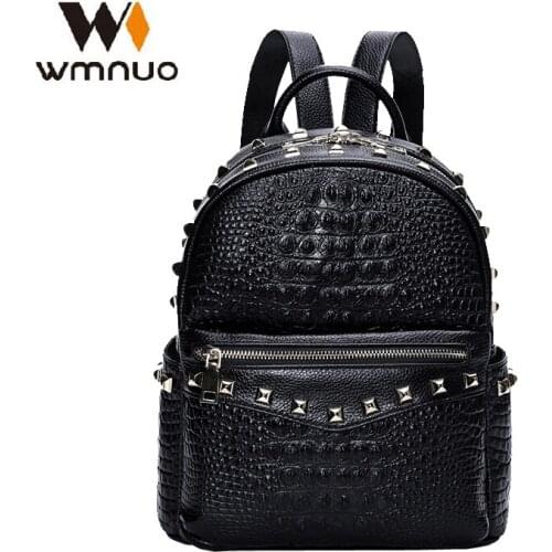 Wmnuo Backpack Women Rivet Genuine Leather Alligator College Bag For Girl Shoulder Bag Mochila Designer Travel Bag Casual Laptop