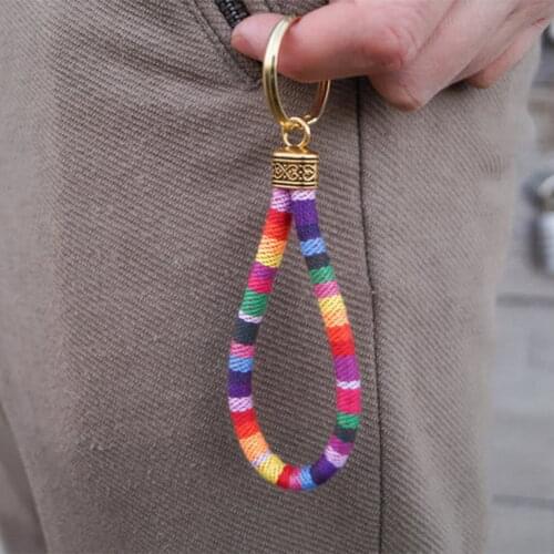 Free Shipping Vintage Gold Engrave Ethnic Pattern Rainbow Cotton Rope Keychain for Women Fashion Car Key Rings Accessories