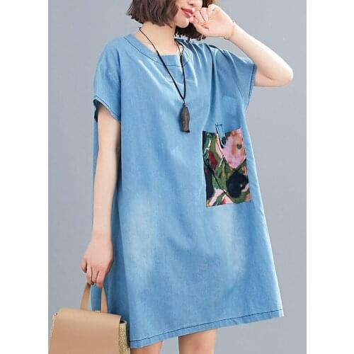 New Summer Style Women Dresses Plus Size Chest 122CM Casual O-Neck Loose Print Patchwork Jeans Dress For Females Denim One-Piece
