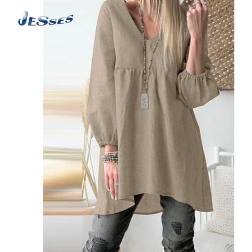 Long Sleeve V-neck A-line Dress Spring Linen Casual Dress 2021 New Arrivals Lady Pure Color Fashion Dresses Oversize 4XL Vestido