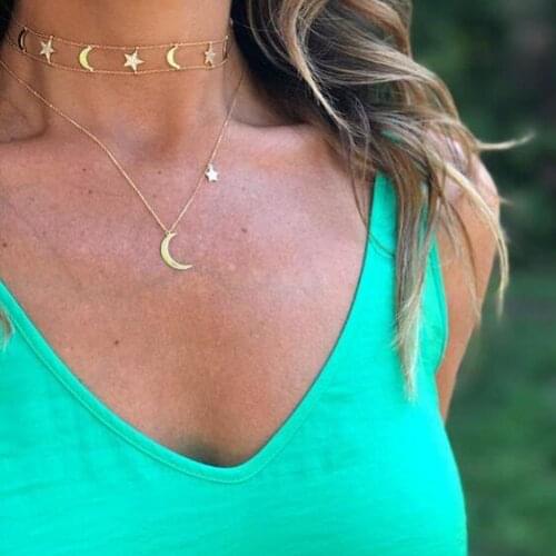 Cz moon star charm necklace silver color 2020 spring choker double chain delicate sparking cz moon star necklace