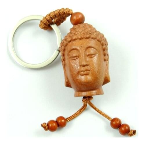 Natural mahogany three-dimensional engraving Buddha head keychain realistic key ring jewelry gift for men and women 1pc
