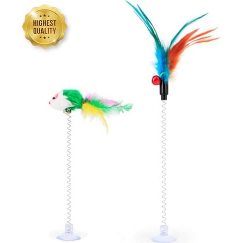 1PC Spring Pet Toy Elastic With Bell Spring Color Mouse And Feather Bottom Sucker Pet Cat Toy Product Cat Accessories Decoration
