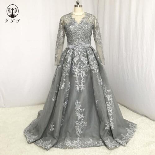 Arabian Design Vestidos De Fiesta Gray O Neck Appliqued Lace Long Sleeve Pleated Floor Length Evening Dresses