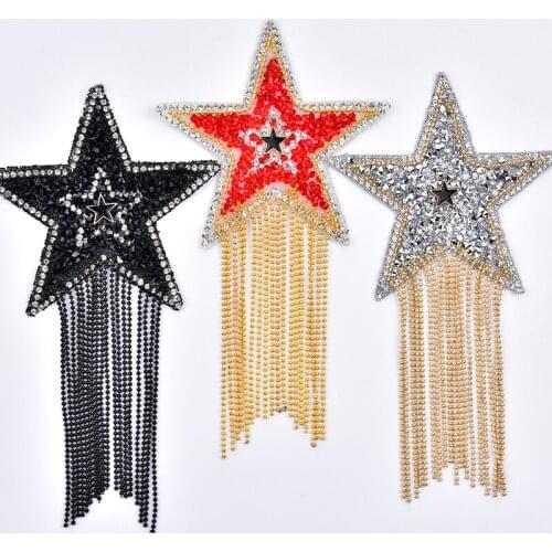 2pcs Rhinestone Star Applique With Beaded Tassel Trim Iron On Patches Strass Crystal Motif Transfer For Clothes Bags Shoes Decor
