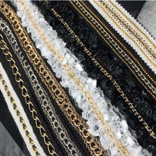 5yds Gold Silver Beaded Chain Lace Trims Ribbon Vintage Fabric Paillette Lace Wedding Dress Dentelle Applique Sewing Accessories