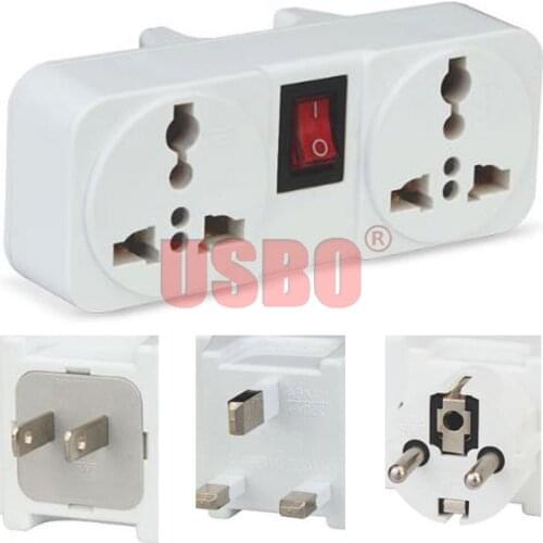 White Portable 250V 6A travel adaptor plug European British American 2 Ways extension socket power converter plug with switch