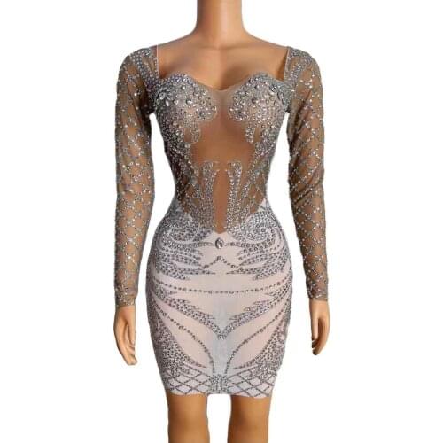 Sparkly Rhinestones Mesh Transparent Short Dress Women Party Dress Stage Wear Birthday Outfits for Women Sexy Club Dress