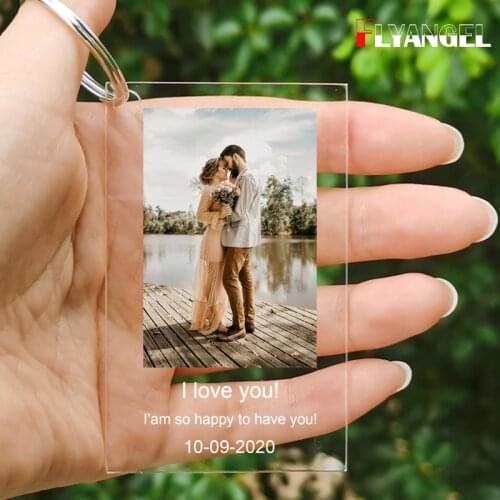 FLYANGEL Customize Couple Photo,Acrylic Keychain,Music Plaque Keyring,Personalized Any Love Words Gift for Valentine Day
