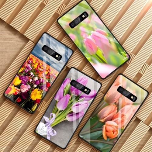Tulips flower Spring field Red pink yellow purple Tempered Glass Phone Case For Samsung Galaxy A6 A8 J6 J8 2018 S8 S9 S10 PLUS