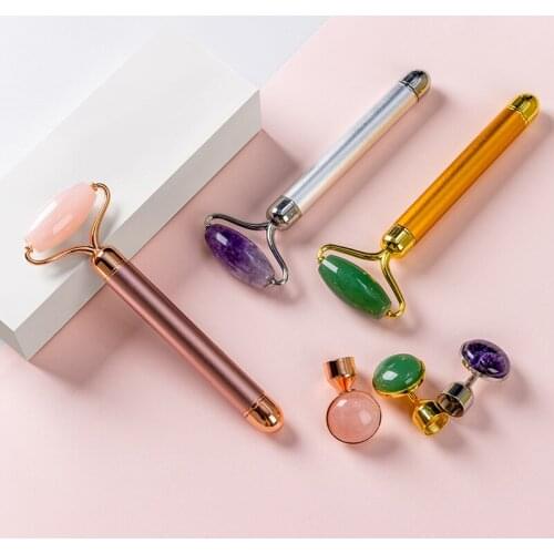 2in1 Electric Natural Jade Roller Facial Massager Vibrating Roze Quartz Jade Roller Face Lift Tools Beauty Jade Stone Massage