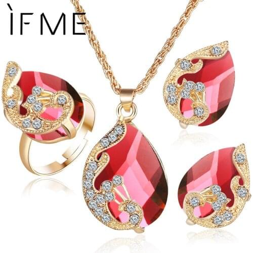 IF ME Fashion Austrian Crystal Peacock Drop Pendant Jewelry Set For Women Necklaces Earring Rings Multicolor Wedding New Gifts