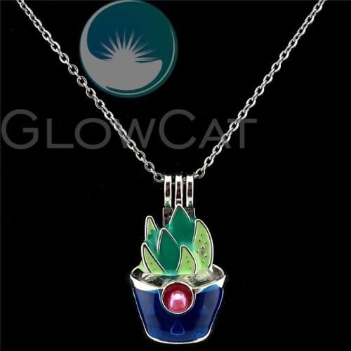 K991 Enamel Green Cactus Blue Potted Plant Beads Pearl Cage Perfume Diffuser Pendants Locket Necklace