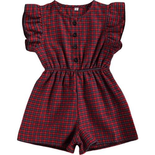 FOCUSNORM Summer Fashion Toddler Girls Plaid Jumpsuits 1-6Y Ruffles Short Sleeve Print Single Breasted Rompers