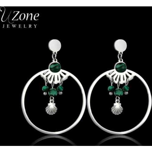 UZone Bohemian Stainless Steel Round Hoop Earrings Natural Malachite Stone Drop Earrings For Women Girls Summer Jewelry Brincos
