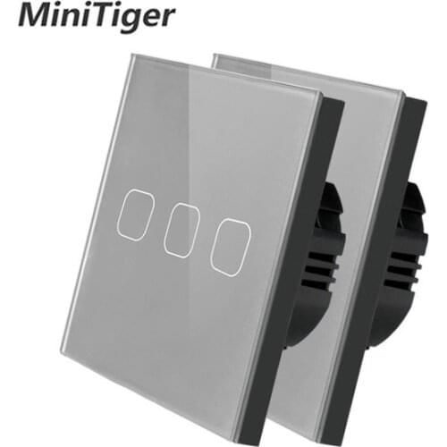 Minitiger Gray Crystal Glass Switch Panel, EU Standard Touch Switch 3 Gang 1 Way,Wall Light Touch Screen Switch,2 pcs/ pack